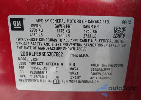 2012 Chevrolet Equinox Ltz from USA, damaged, VIN 2GNALFEK6C6387682